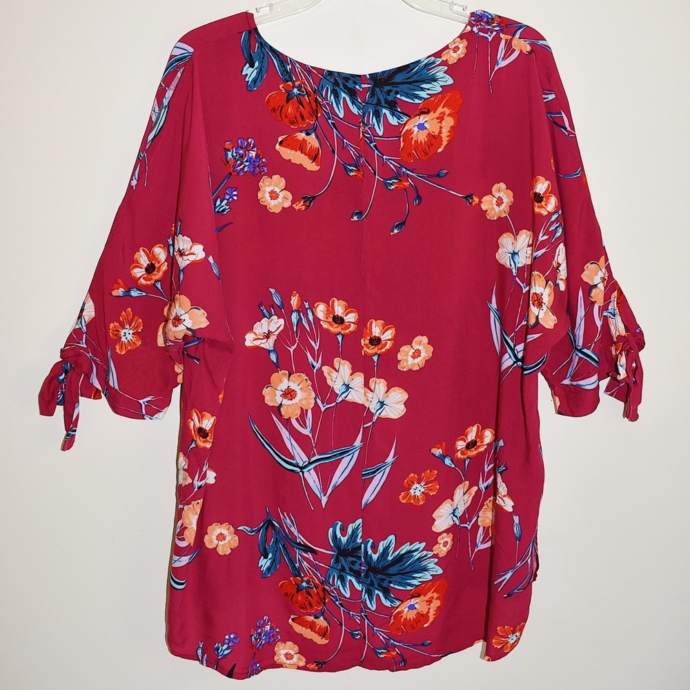 Umgee Pink and Red 3/4 Sleeve Tie Front Blouse - Picture 7 of 8